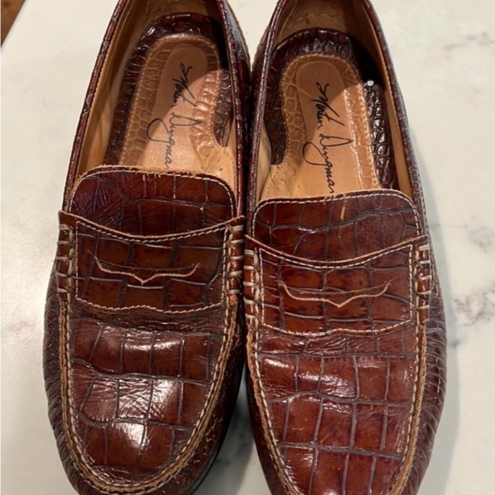 Martin Dingman Cognac Croc-Embossed Leather Penny Loafers